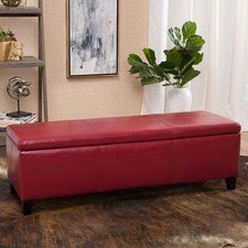 Red Vegan Leather Storage Ottoman Bench