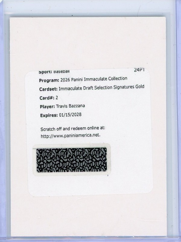 2026 Panini Immaculate TRAVIS BAZZANA GOLD #ED /10 AUTOGRAPH DRAFT GUARDIANS RC