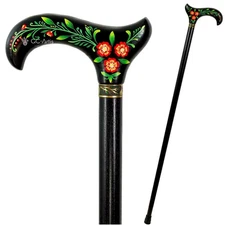 Black Wooden Walking Stick Handpainted Flowered Classic, Trendy Walking Cane