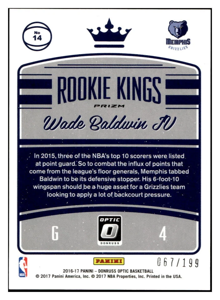 2016-17 Donruss Optic: Rookie Kings Orange #14 Wade Baldwin IV #/199 - Image 2 of 2