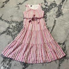 Talbots Dress Womens Sz 10P Pink White Gauze Maxi Breezy Stripe Tiered Belted