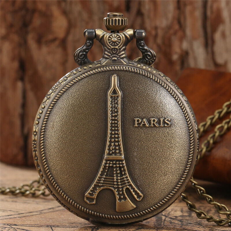 Vintage Eiffel Tower Pocket Watch Analog Quartz Necklace Pendant Chain Gift