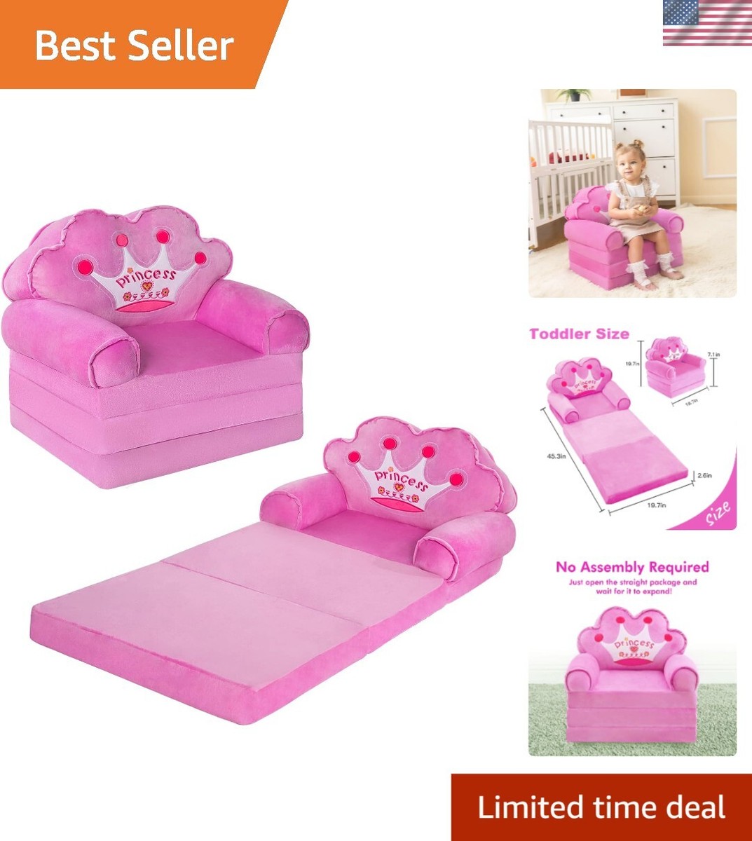 Purple Kids Couch - Folding Sofa Bed for Toddlers Aged 1-3