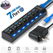 7 Ports USB 3.0 Hub On/Off Switch High Speed Splitter AC Adapter Cable PC Laptop