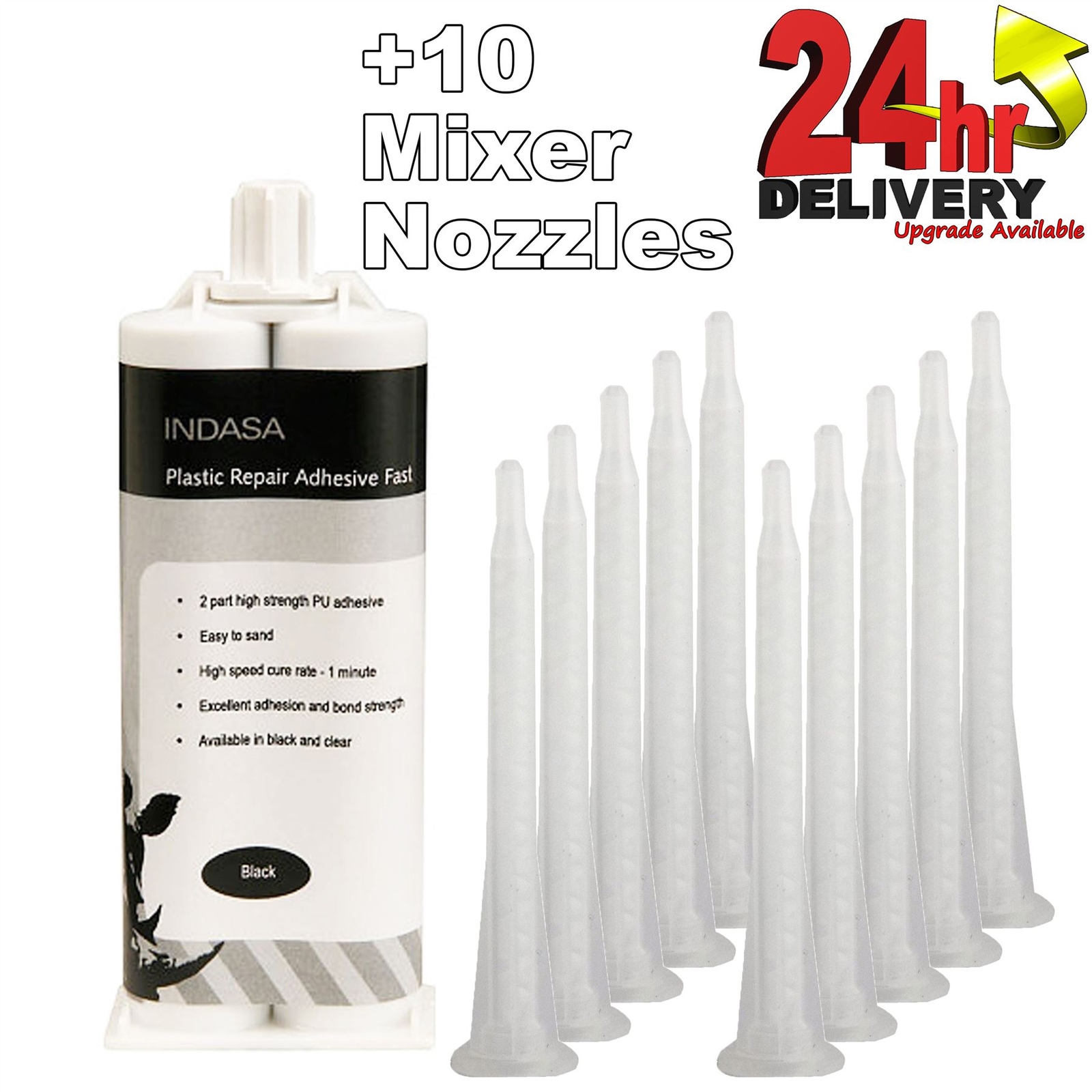 Indasa 2K Plastic Repair Adhesive Fast High Strength 2 Part +Mixer Nozzles 50ml
