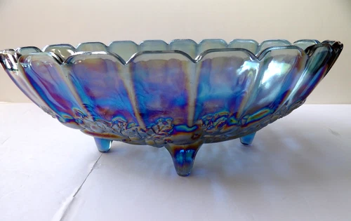 Indiana Carnival Glass Vtg Footed Oval Fruit Bowl Harvest Grape Blue Iridescent