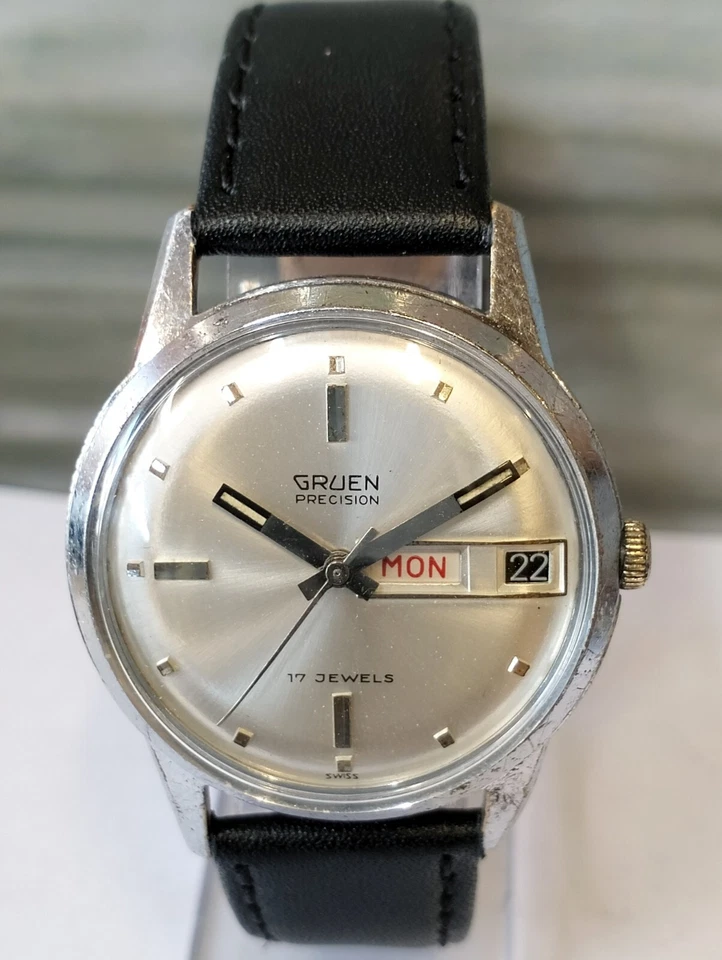 GRUEN PRECISION 17 JOYAS CUERDA ESFERA PLATEADA FRANCIA HOMBRE COMPLETO FUNCIONANDO VINTAGE Foto 4 de 4