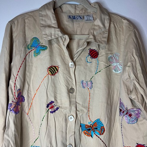 VTG Butterfly Embroidered Boxy Shirt Shacket Summer Garden Butterflies Womens XL - Picture 3 of 6