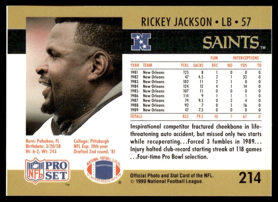 1990 Pro Set Rickey Jackson New Orleans Saints #214 | eBay