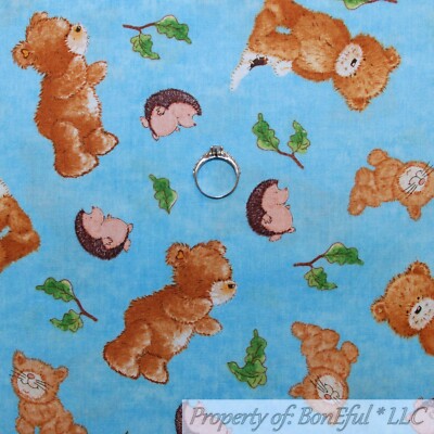 BonEful Fabric FQ Cotton Quilt Blue Teddy Bear Hedgehog Animal Cat Dog Girl Boy