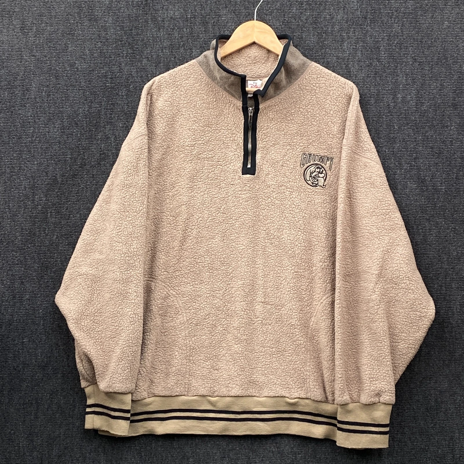 Disney Grumpy Pullover Sherpa Fleece Jacket Mens XL 1/4 Zip Beige Embroidered