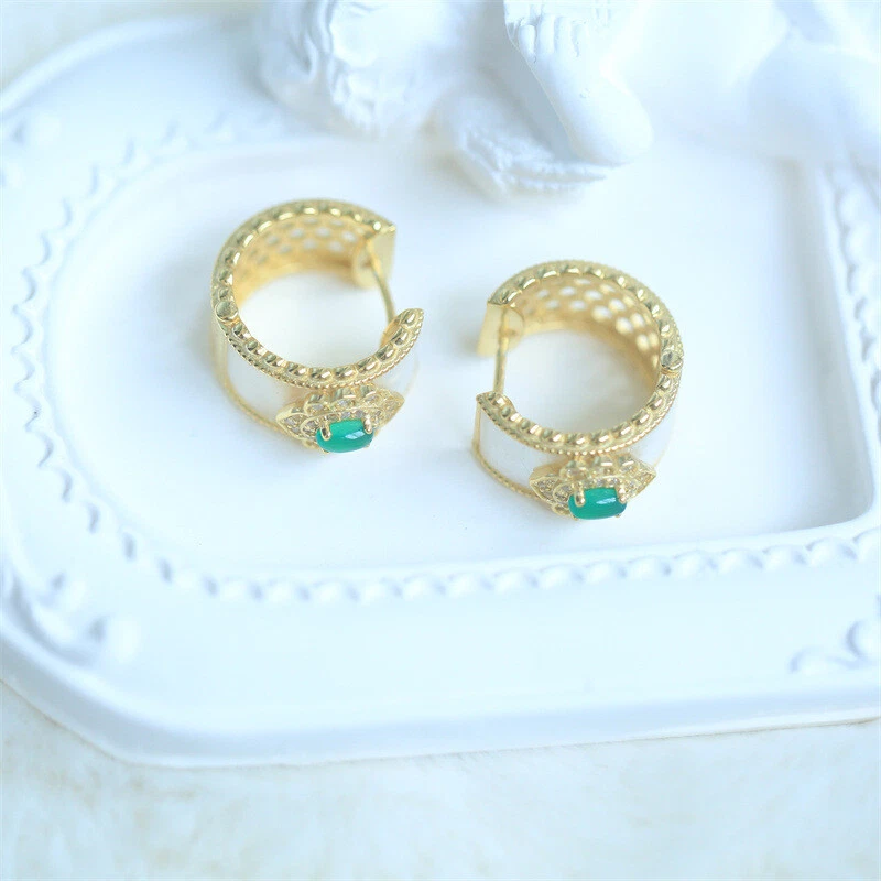 D18 Earrings Flower With Green Agate On White Pearl Silver 925 Gold Plated - Image 3 of 4