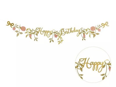 5904555080072 Baner Happy Birthday kwiaty różowo złote 1.3m PartyDeco