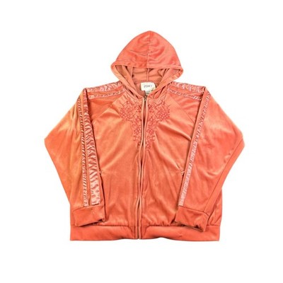 Jenny Vintage Velour Full Zip Hoodie Coral Orange Embroidered Beaded Womens L