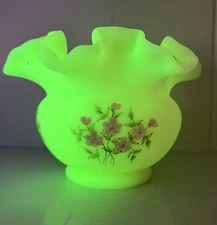 Fenton Hand Painted Custard Glass Vase - Dogwood Pattern - Uranium GLOWS!!