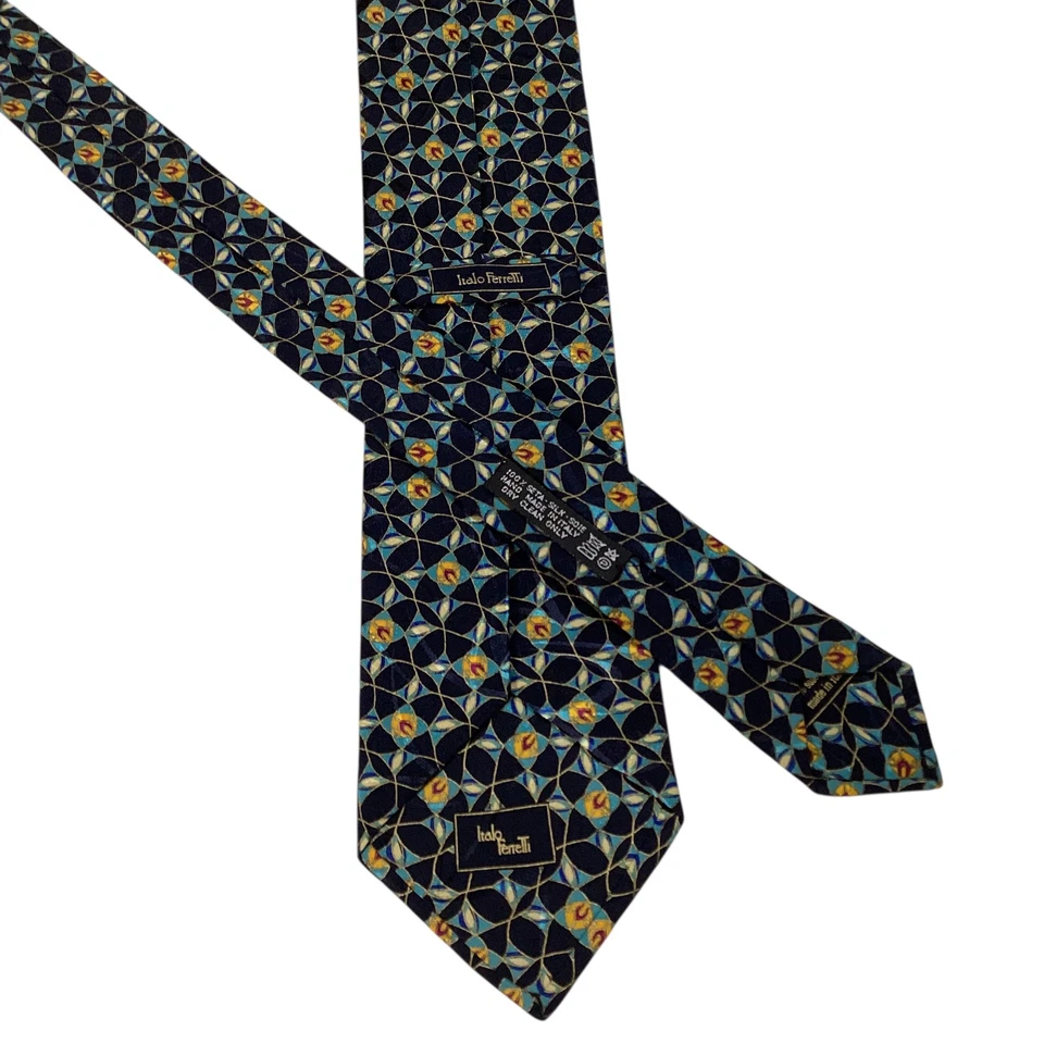 ITALO FERRETTI Men's 100% Silk XL Necktie ITALY Luxury Geometric Blue/Gold GUC - Image 3 of 3