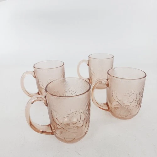 Arcoroc France Rosaline Cups Mugs Glasses Pink Set-4 Vintage 8 Oz