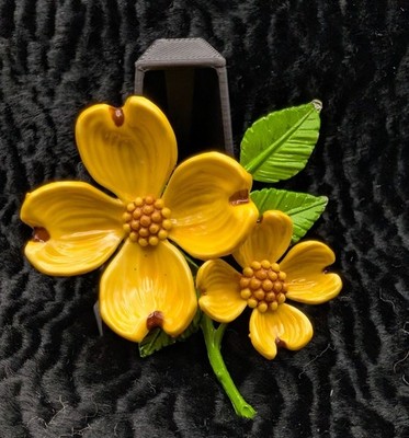 Yellow Enamel Dogwood Flower Brooch Pin With Green Leaves Vintage Floral Jewelry