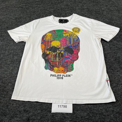Philipp Plein 1978 T-Shirt Men's 2XL White Skull Print Rhinestones Crew Neck