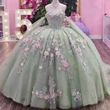 Green Shiny Quinceanera Dresses Off The Shoulder Applique Flower Beading Crystal