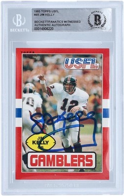 Jim Kelly Houston Gamblers Signed 1985 Topps USFL #45 BAS FA witness Rated Card