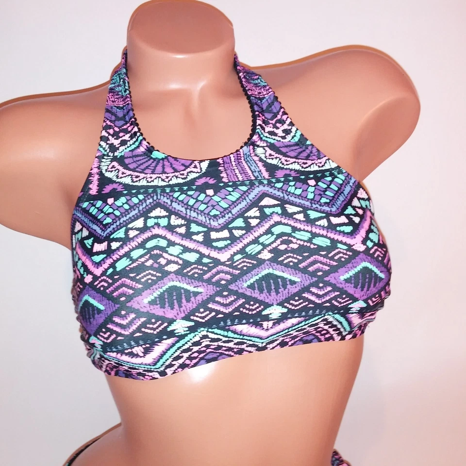 SO Bikini de Natación Pequeño Top e Inferior Halter Colorido Geo Lateral Corbata Inalámbrica Foto 3 de 4