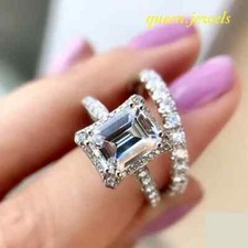 2.35CT Lab-Created Emerald Cut Diamond Wedding Halo Ring Set 14K White Gold Over
