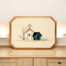 Handpainted Bird House & Berries Wood Wall Plaque Primitive Folk Art Country 9" 