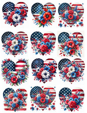 Set of 12 - 4th of July American Flag Heart Crafting STICKERS - Just Cut  Use 