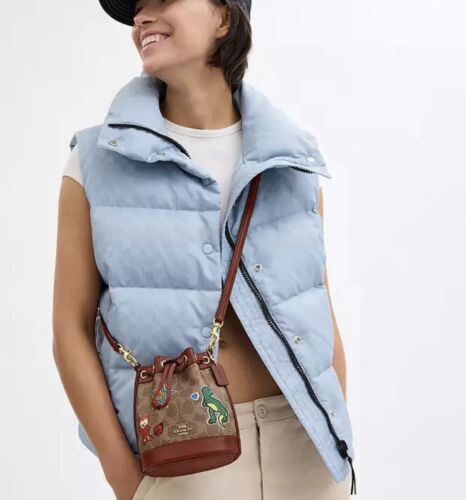 Mini borsa Coach nuova con etichette in tela firmata con stampa adesiva Rexy CW300 marrone chiaro - Foto 2 di 11