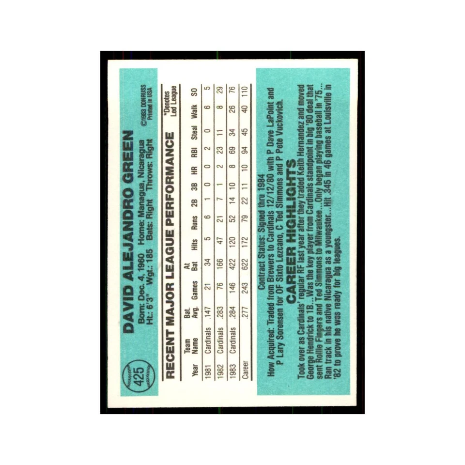 David Green 1984 Donruss #425 St. Louis Cardinals Baseball Card NM - Image 2 of 3