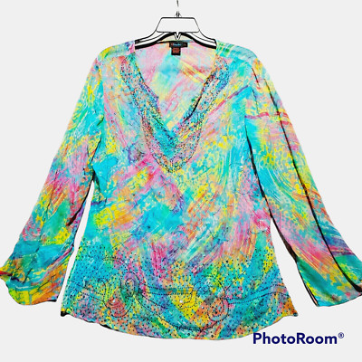 D STUDIO Silk Top L Rainbow Sheer Embellished Bead Sequin Flutter Trumpet Sleeve