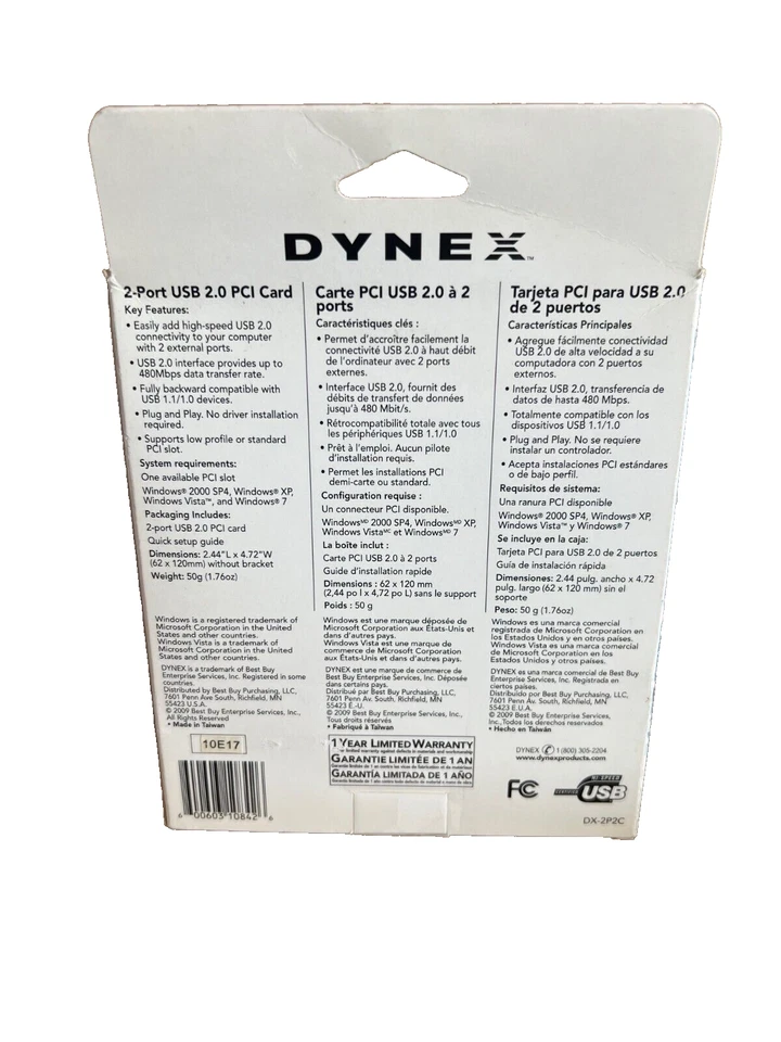 Dynex Model DX-2P2C 2-Port USB 2.0 PCI Card New - Image 2 of 2