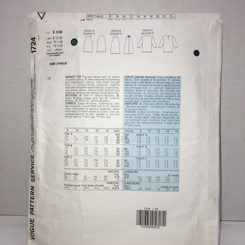 Vintage Vogue 1724 Misses Top amerikanischer Designer Ralph Lauren Größe 10 - Bild 2 von 3