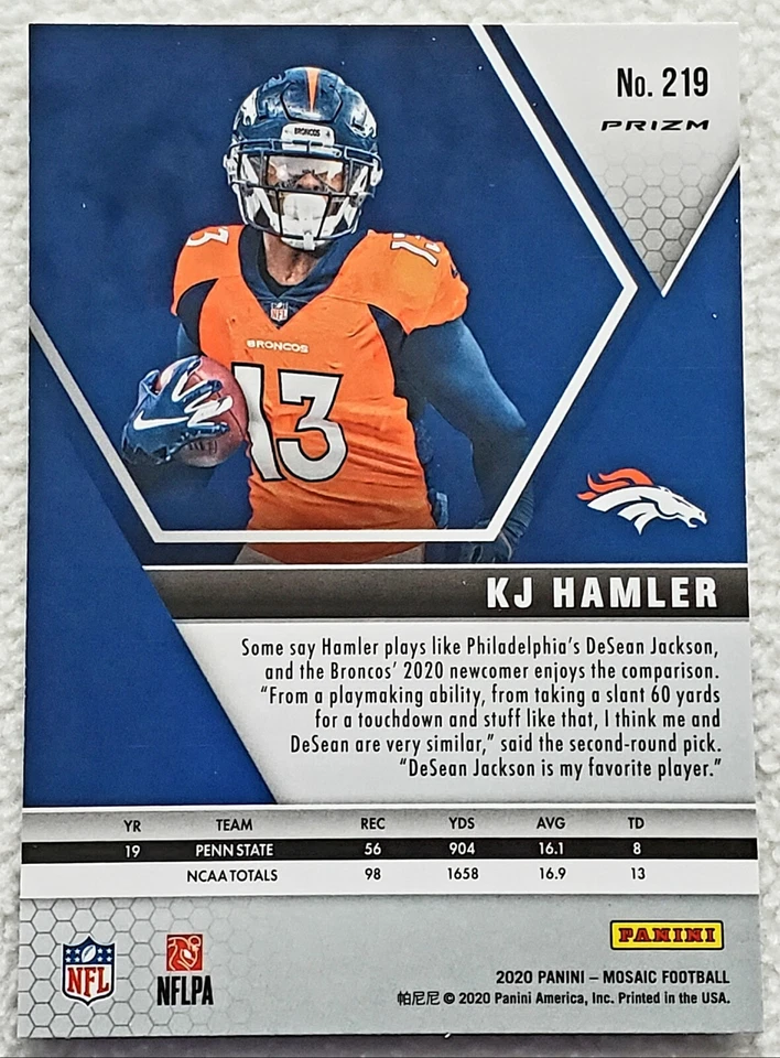 KJ Hamler 2020 Panini Mosaic Silver Prizm RC #219 DENVER BRONCOS  - Image 2 of 2