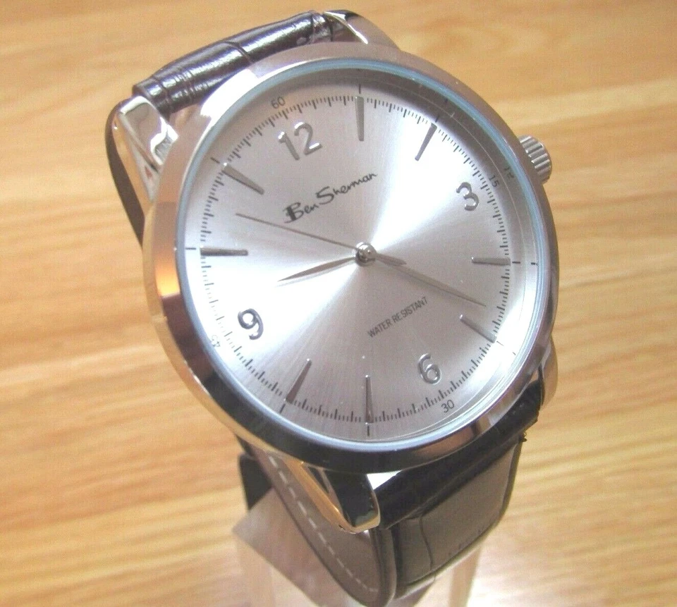 RELOJ PARA HOMBRES BEN SHERMAN ESFERA PLATEADA REDONDA CORREA DE CUERO SINTÉTICO COCODRILO MARRÓN BS116 Foto 3 de 4