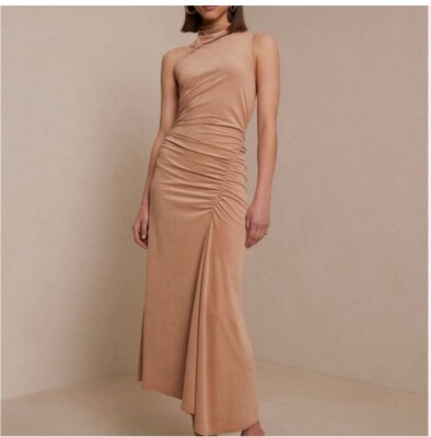 ALC NWT  Long Dress Sz M Stretch Faux Suede Ruched Camel Evening Prom