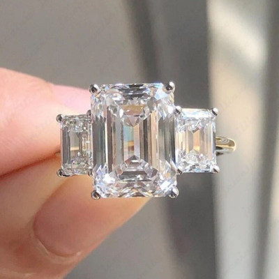 5.50Ctw Emerald Cut Moissanite Three Stone Engagement Ring 14K White Gold Plated