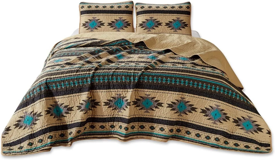 Chezmoi Collection 3-Piece Teal Beige Southwestern Tribal Quilt Bedspread Set - Image 2 of 4