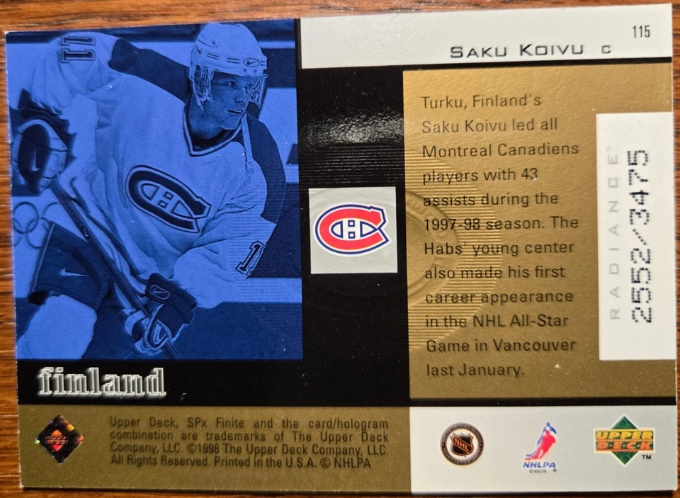1998-99 Upper Deck SPx Finite Radiance Saku Koivu #115 #d/3475 Mint - Image 2 of 2