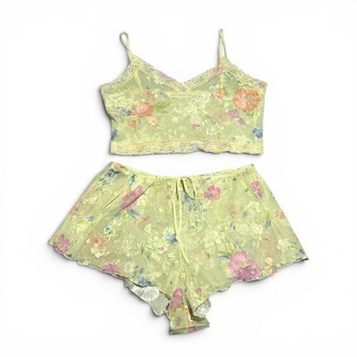 Vintage Y2K Victoria s Secret Sheer Butter Yellow Floral Mesh Lace Pajama Set