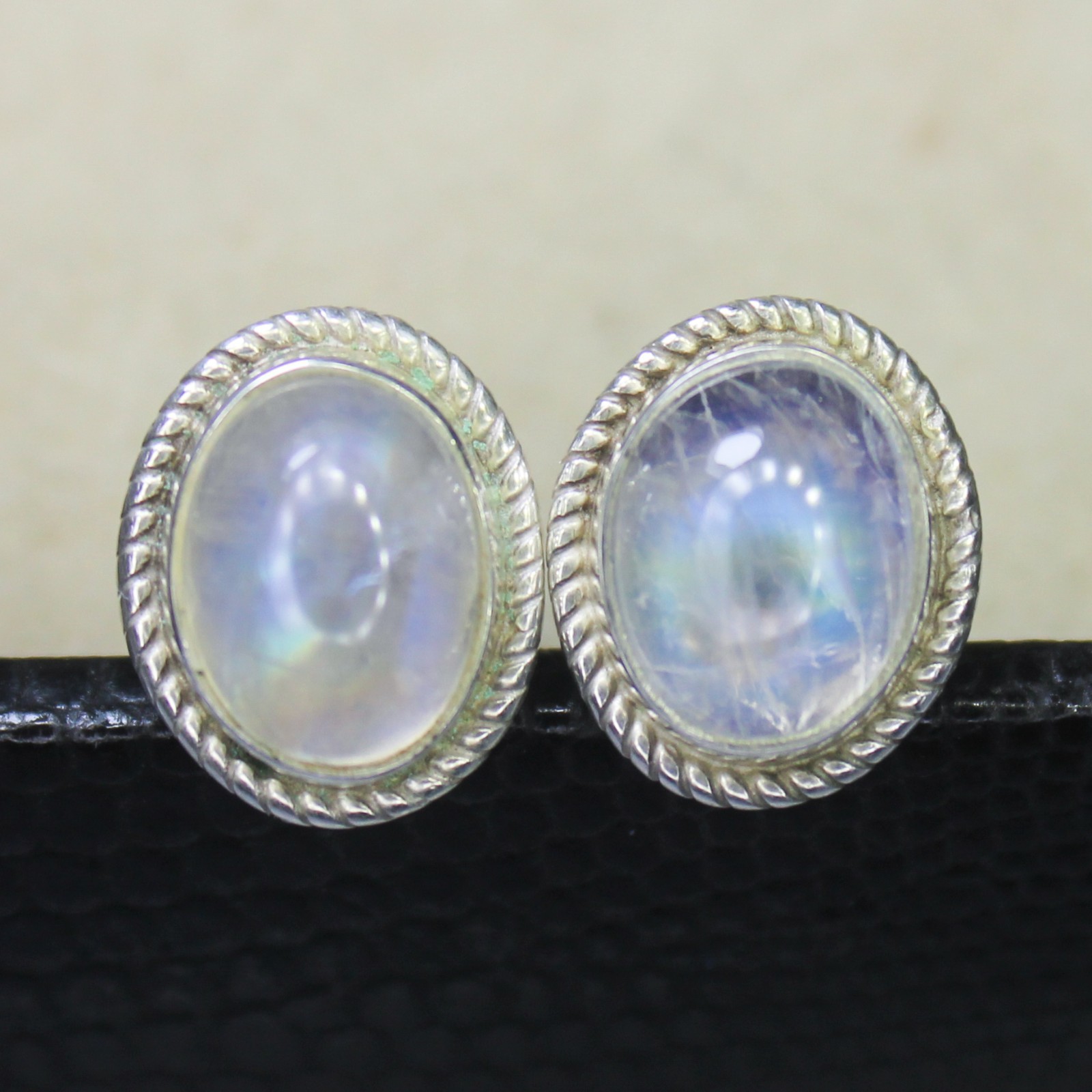 Natural Cabochon White Rainbow Moonstone Vintage Studs With 925 Sterling 3.10 g