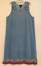 Denim & Co Women's Denim Jumper Dress Embroidery Fringe Flowers Cottagecore