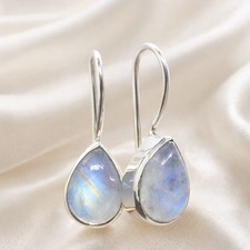 Mondstein Ohrhänger Sterling Silber 925 Ohrringe Tropfen Modern Cabochon Paar hv