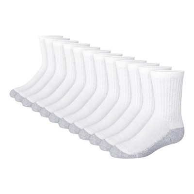 Hanes Boys Socks, Double Tough Cushioned Crew 12-pair White/Grey Bottom, Large