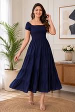 Navy Blue Boho Tiered Maxi Dress Womens Off Shoulder Smocked Bodice Flowy Swing