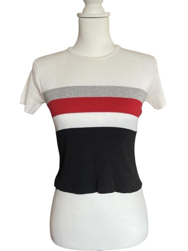 Y2K In Charge Women's Rib-Knit Striped Crew Neck Short Sleeve Pullover Sweater