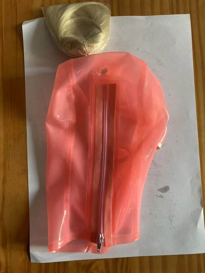 Pink Transparent Latex Hood Rubber Mask with golden wig&back zipper for Fetish - Image 3 of 4