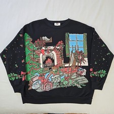VTG Nutcracker Christmas Sweatshirt AOP Fireplace Presents Tree Women's M USA