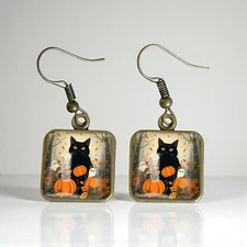 Black Cat, Pumpkin & Autumn Leaves Earrings – Fall Glass Dangles | 0.67" x 1.9"